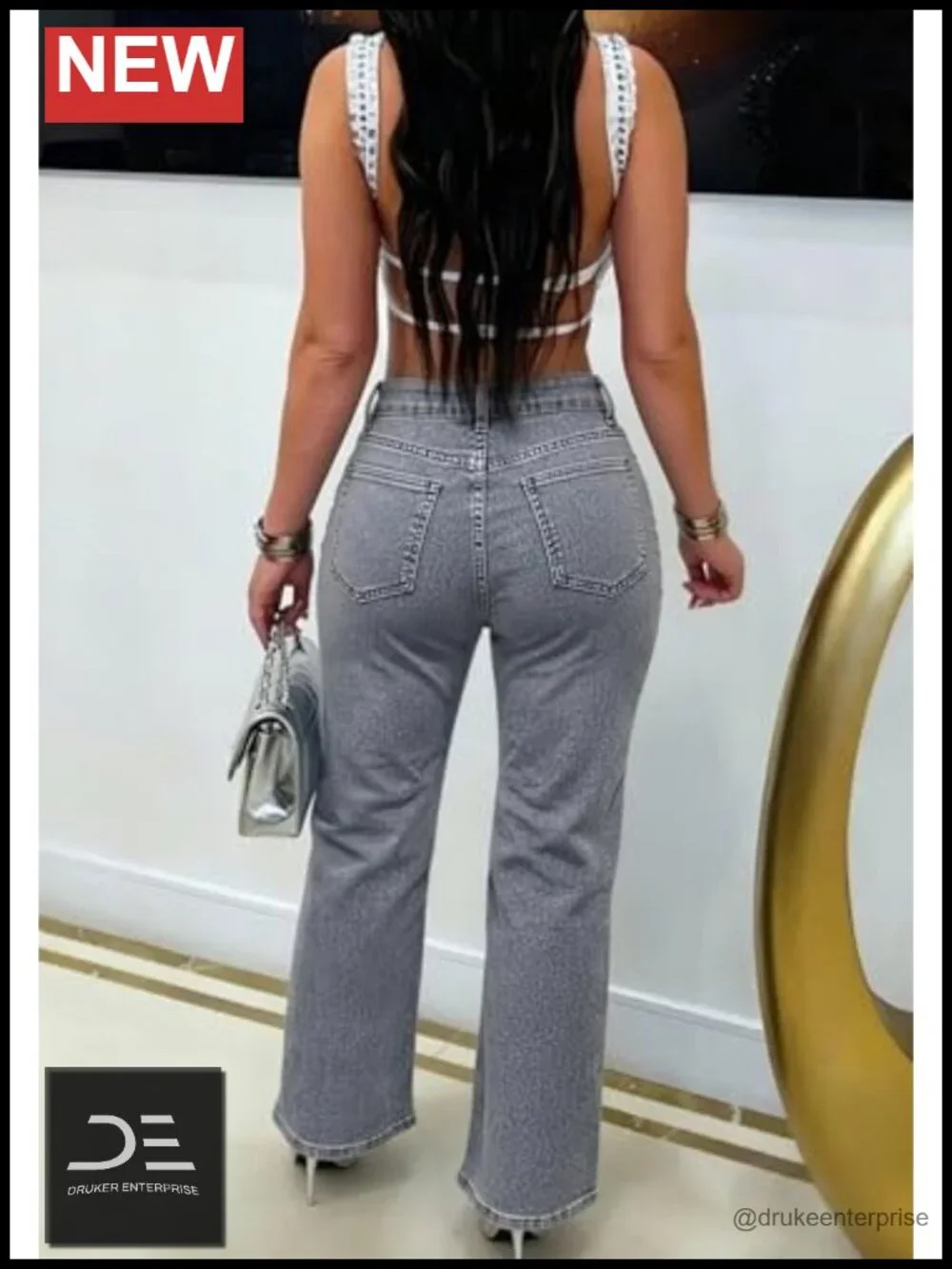 High Rise Wide Leg Pearl Rhinestone Floral Jeans Stretch Denim Women